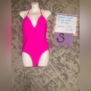 VICTORIAS SECRET Hot Pink Halter OnePiece Suit Exposed Stitch Plunge V-Neck sz S